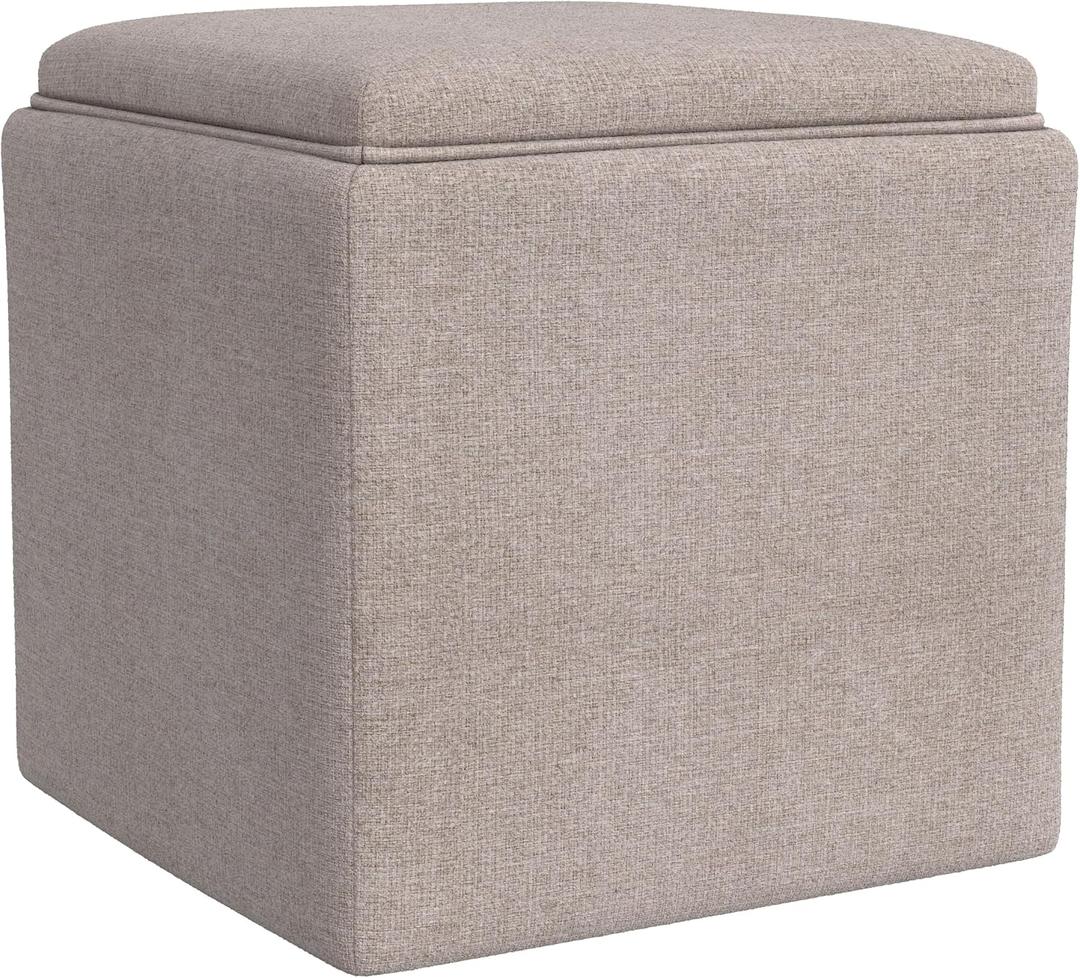 Homepop Home Decor |HomePop Storage Ottoman with Tray Top|Upholstered Modern Square Storage Ottoman with Storage for Living Room & Bedroom, Light Brown Woven, 17.5"D x 17.5"W x 17.5"H