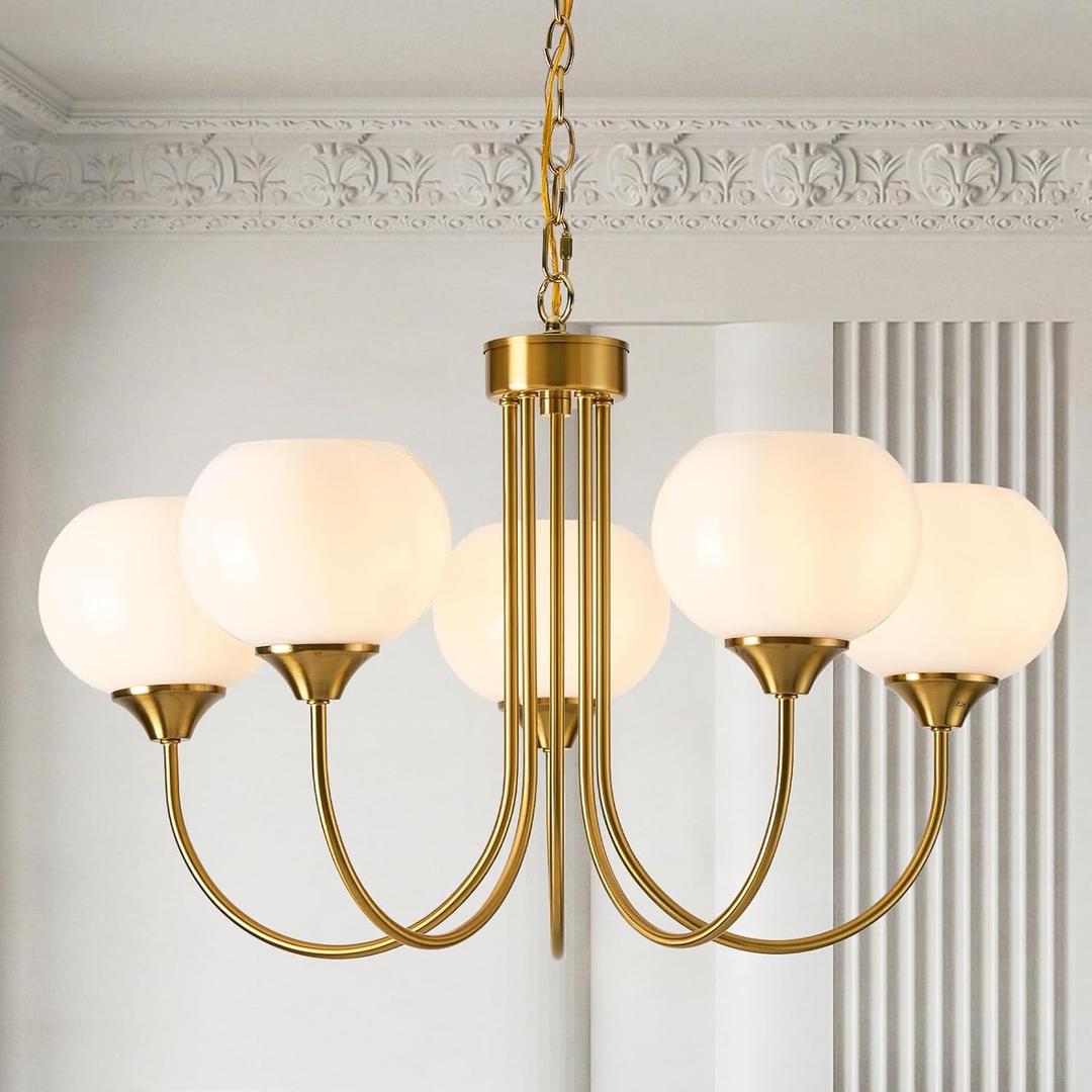Modern Globe Chandelier 5 Light Mid Century White Milk Glass Vintage Sputnik Hanging Chandeliers Gold Pendant Light Fixtures for Dining Room Kitchen Living Room Bedroom