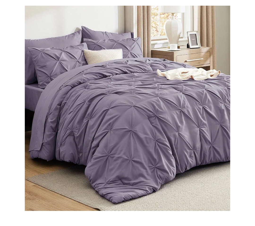 Bedsure Queen Comforter Set Grayish Purple - Bed in a Bag Queen Size 7 Pieces, GentleSoft™ Pintuck Bed Set Gift for Family, Pinch Pleat Grayish Purple Comforter with Sheets, Pillowcases & Shams