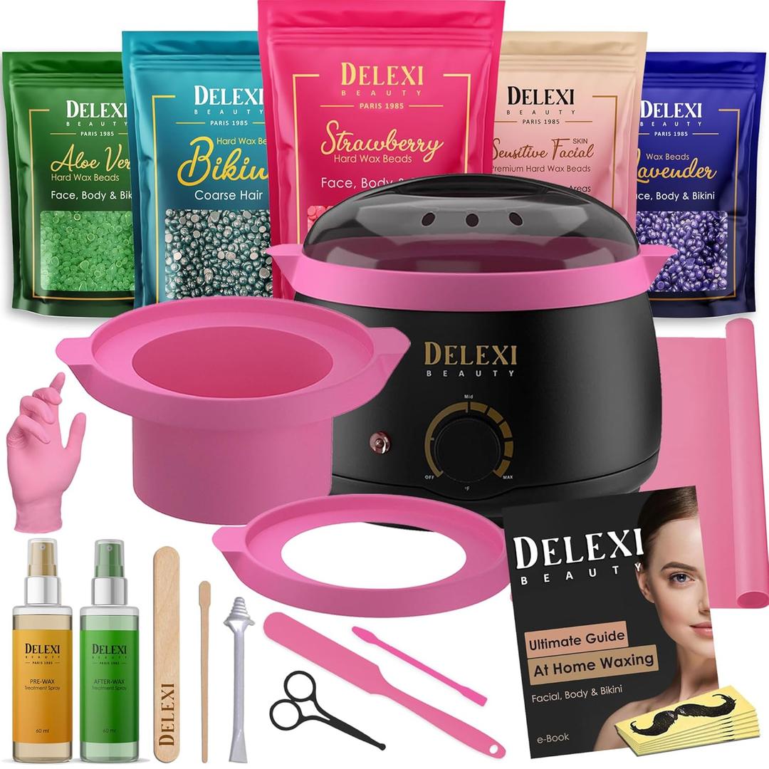 Premium All-in-one Waxing Kit for Women | Salon Quality 5-Pack Hard Wax Beads For Brows, Bikini, Legs, & More + Silicone Wax Kit Accessories (1.46 Ounce (Pack of 41))