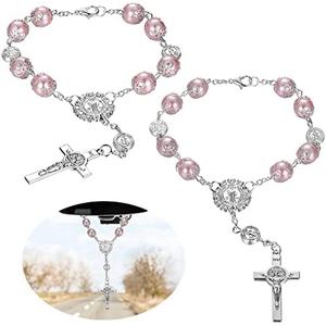 Saint Benedict Car Rosary 2 Pcs Rearview Mirror Auto Rosary Hanging Personalized Car Cross Blessing Catholic Car Medal for Truck Bike Motorcycle Car Mirror Hanging Accessories Decors (Pink)