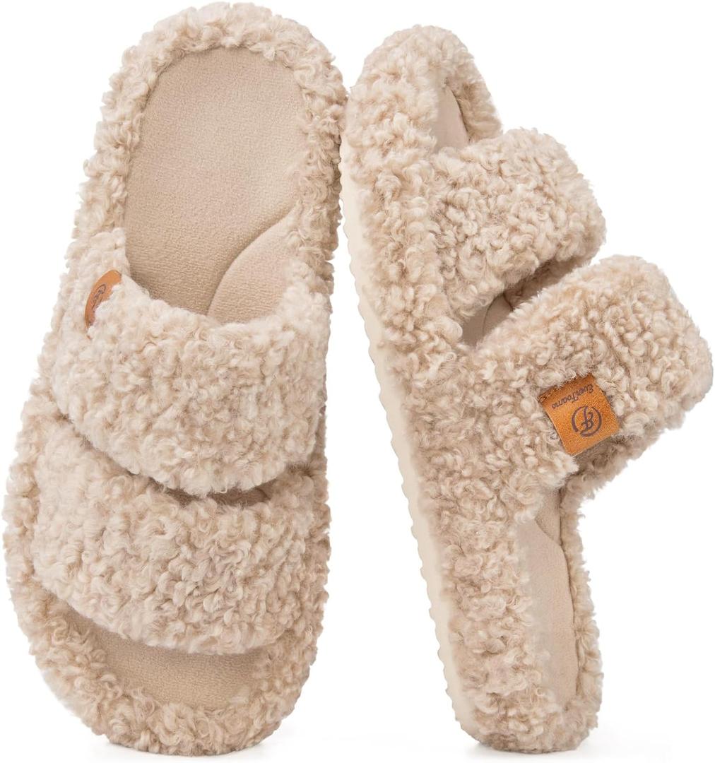 EverFoams Womens Fuzzy Open-toe Slippers Indoor Vintage Khaki, 7-8 US