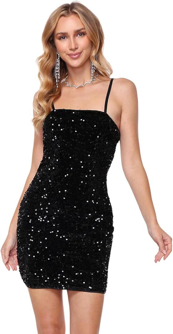 Women's Sequin Dress Sexy Sparkly Glitter Short Velvet Night Out Party Club Adjustable Spaghetti Straps Bodycon Mini Dresses (Black, S)