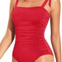 Tempt Me Women One Piece Swimsuits Ruched Slimming Bathing Suits Vintage Swimwear (Red, M)
