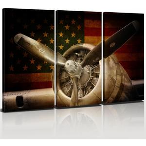 Airplane Wall Art Aviation Decor Vintage Airplane Propeller Pictures Retro American Flag Photo Prints Aircraft Aviation Engine Canvas Painting Artwork Mens Bedroom Office Home Decoration 16x32" 3Pcs