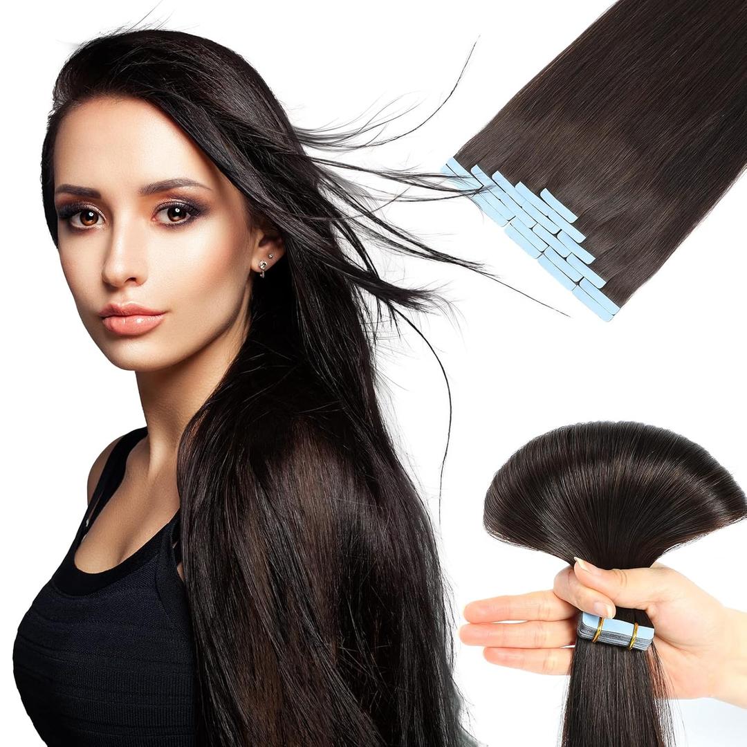 Tape in Human Hair Extensions, Remy Seamless, Dark Brown(#2) Straight, Silky & Thick, 18 Inch, 20pcs 40g, Easy to Install, Real Human Hair