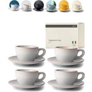 KIVY Cappuccino cups set [4x 8oz] - Thick-walled stoneware cappuccino cup set for latte art - Cappuccino coffee cups - Tazas de cafe - Latte cups - Ceramic latte art cup and saucer set of 4 - Grey