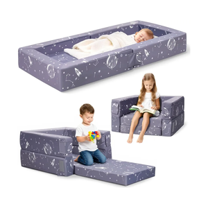 FRUITEAM 3-in-1 Portable Toddler Travel Bed, Flip Open Sofa Lounger with High-Density Foam for Camping & Indoor/Outdoor Use, Convertible Machine Washable Space Planet Galaxy Print Cover, Gray