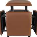 5 in 1 Nesting Ottoman Cube Chair, Stackable Stools, Leather Square Ottoman Bench, Foot Stool with Wheels for Living Room,Dining Room 15.75x15.75x16.54 inches (Brown)