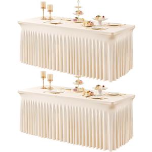 2 Packs Light Champagne Table Clothes for 8 Foot Rectangle Tables, One-Piece Wrinkle Resistant Stretch Spandex Table Covers with Skirt for Event Banquet Wedding Birthday Party