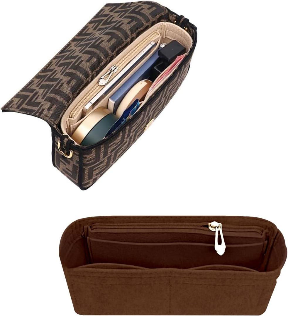 Zipper Softened Felt Purse Organizer Insert for Baguette, Tote, Longchamp Handbags Small Purse Organizer Insert Lightweight Bag Organizer with Multiple Pockets (Small, Coffee)