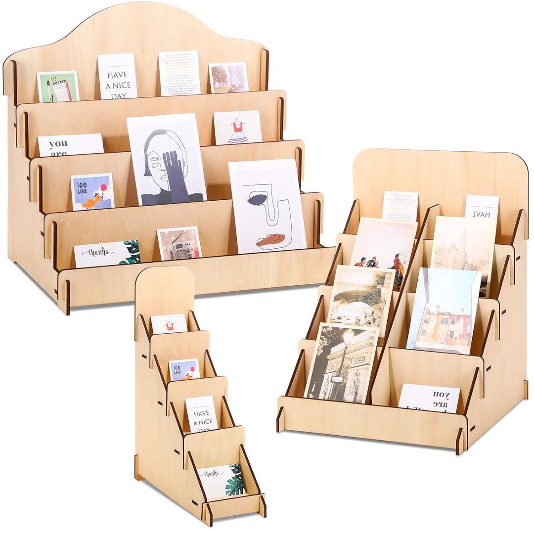 3 Pcs 4 Tiered Greeting Card Display Stand Sticker Display Stand for Vendors Wooden Collector Card Rack Wood Holder for Postcard Photos Bookmark Trade Shows Retail Counter, 3 Sizes(Brown)