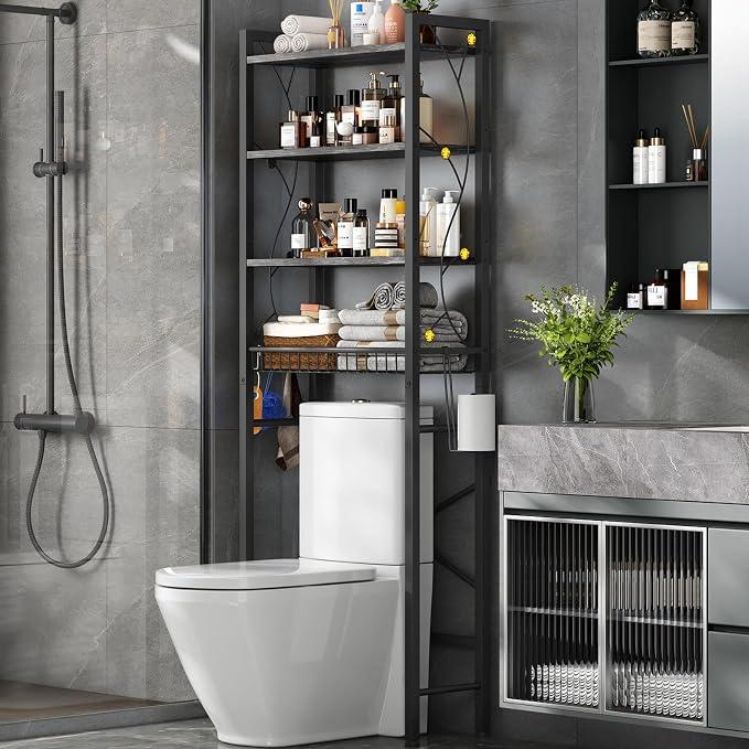 Salakita Over-The-Toilet Storage Rack, 4-Tier Bathroom Organizer Shelf Over Toilet with Adjustable Shelf and Basket, Freestanding Space Saver Bathroom Shelves Above Toilet for Room (Oak Gray)