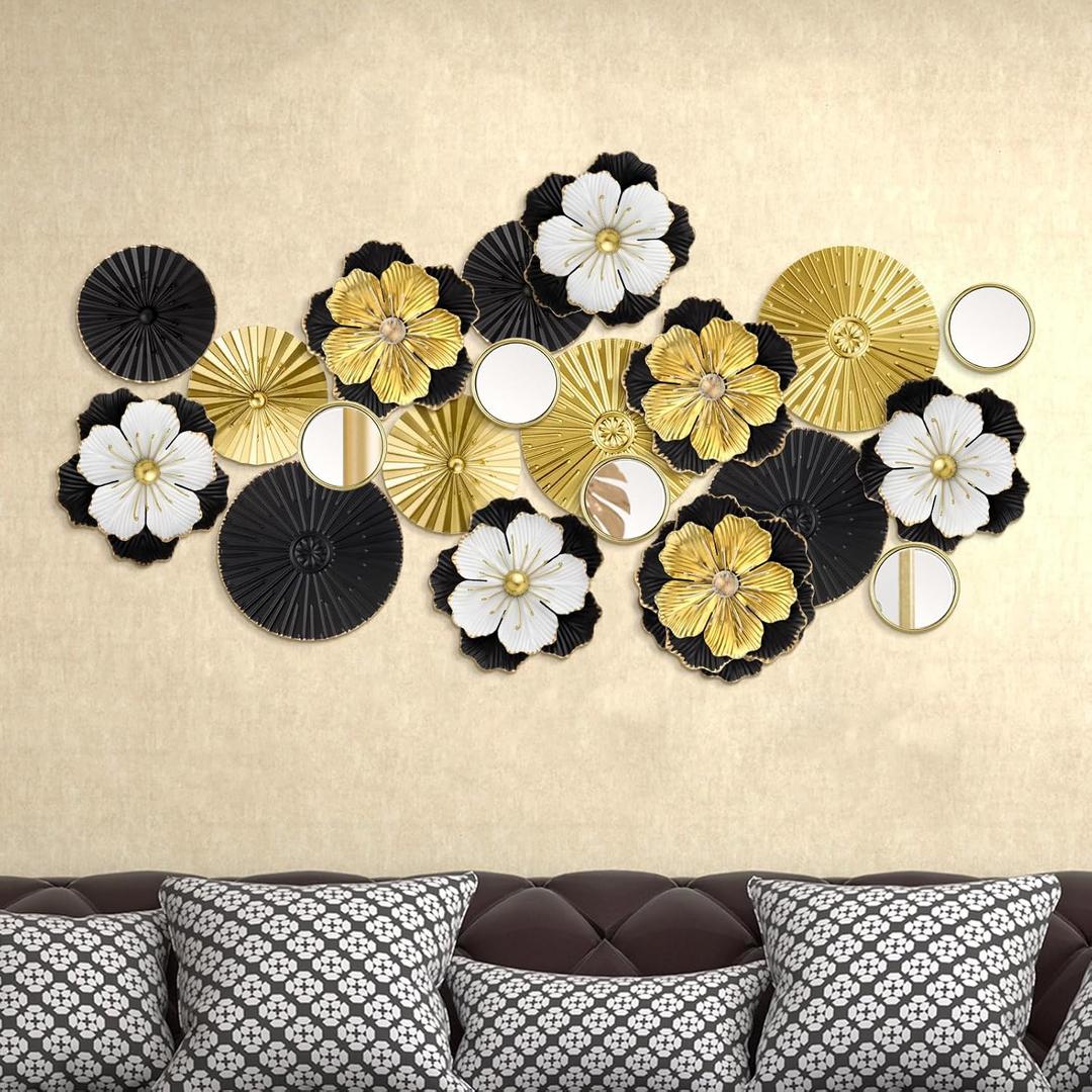 Briwooody Metal Flower Wall Decor Ivory Metal Plates Mirror Wall Art Rustic Modern Floral Sculpture Floral Blossom Sculpture for Bedroom Living Room Dining Room(Black,Bloom)
