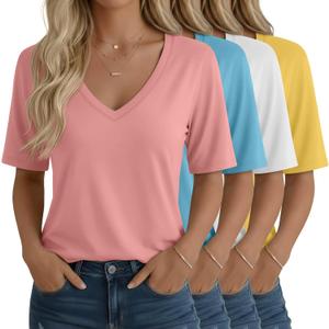 Oakgarden 4 Pack Women's Half Sleeve Shirts V Neck Tops Elbow Length Loose Fit Straight Hem T Shirts Casual Summer Tees (XL)