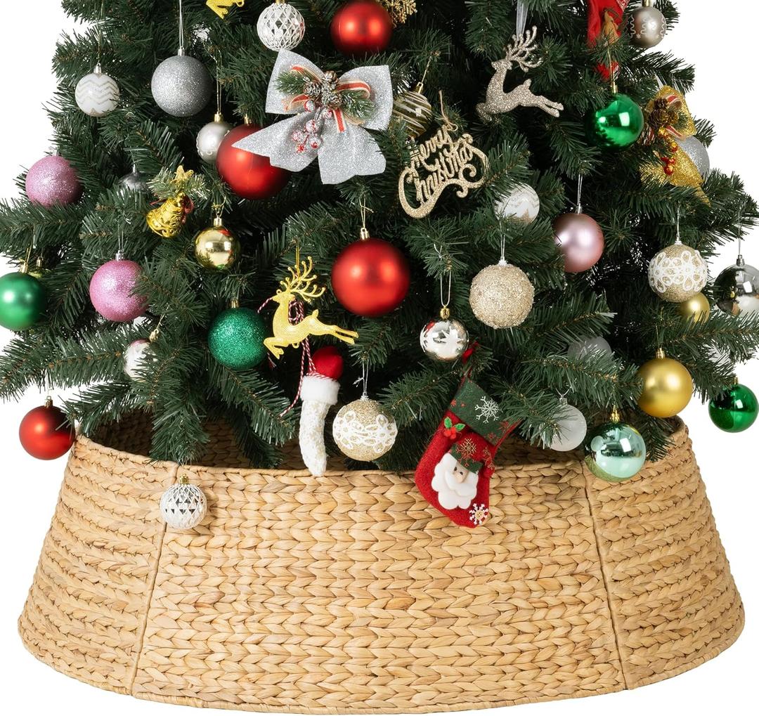 StorageWorks 42 Inch Wicker Christmas Tree Collar, Christmas Tree Collar for Pencil Tree, Water Hyacinth Christmas Tree Base Collar with Cut-Out of Cord for Party Dcor Farmhouse Artificial Trees Ring