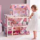 ROBUD Wooden Dollhouse, Doll House Playset, 24.3*12*32in