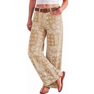 Tankaneo Womens Boyfriend Baggy Jeans Boho Wide Leg High Waist Denim Pants Bandana, Floral Print, Y2k Vintage, Straight Leg, Cotton Sweatpants with Pockets, Patchwork, Trendy Casual, Streetwear, Size: 12
