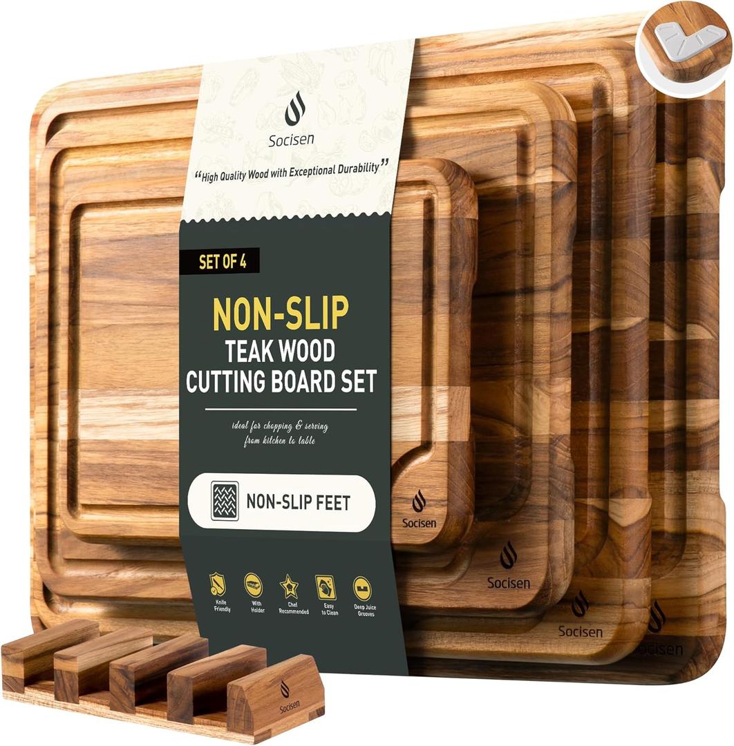 4 Pack Teak Wood Cutting Board Set for Kitchen Heavy Duty Non Toxic Non Slip Solid Thick Wood Haus Chopping Board Extra Large Big Small Meat Best Essential House Warming Hostess Host Gift (Multi-Size Set | 4 Pack with Holder)