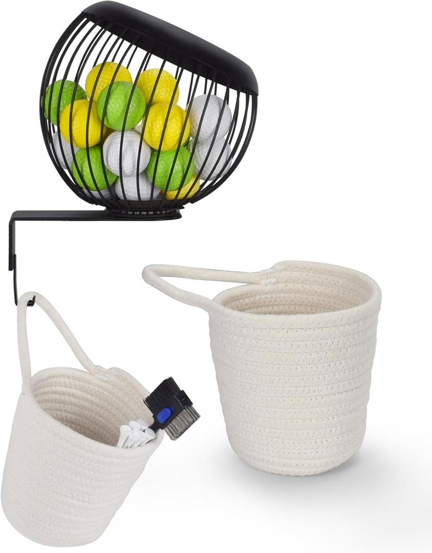 Biondolia 360 Swivel Wall Mount Golf Ball Storage Rack for Garage with Accessories Bag, Wall Mount Coffee Pod Holder Wire Basket for K Cups, Space-Saving Golf Ball Organizer Storage for Home, Clubs