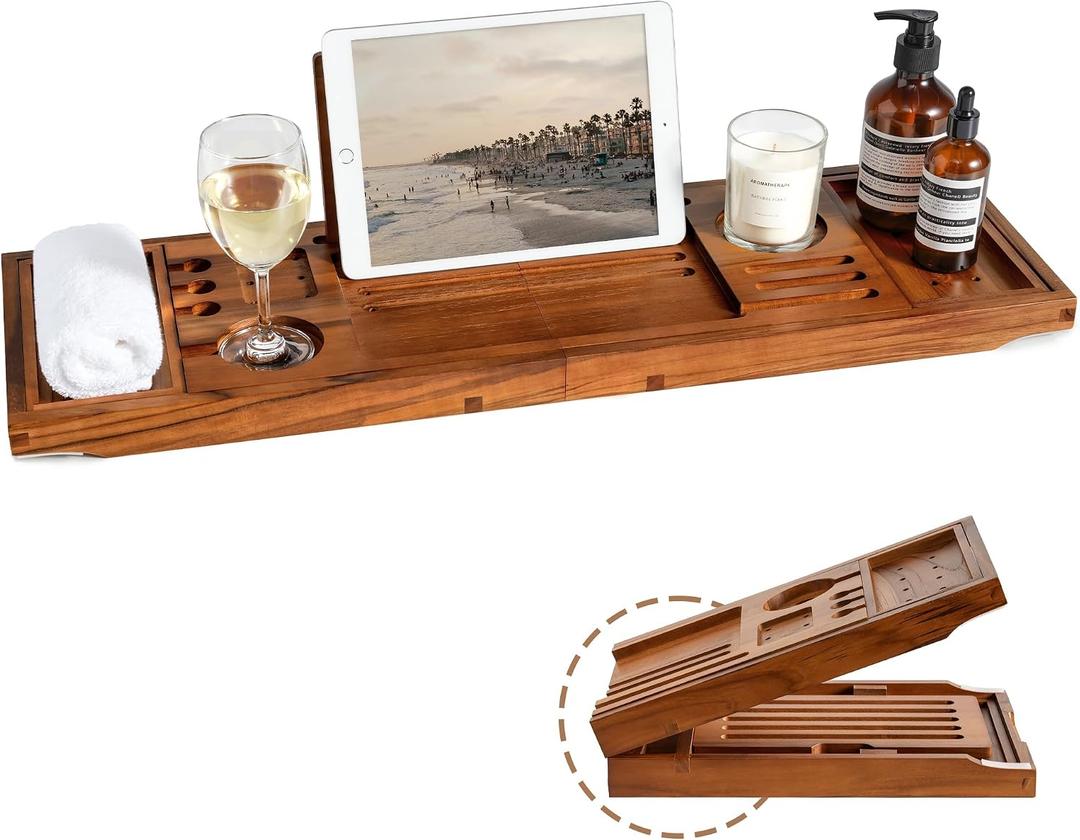 Teak Bathtub Tray | Adjustable Width Tray with Wine Holder, Tablet/Phone & Book Stand, Splash-Proof for Bath Time- Natural