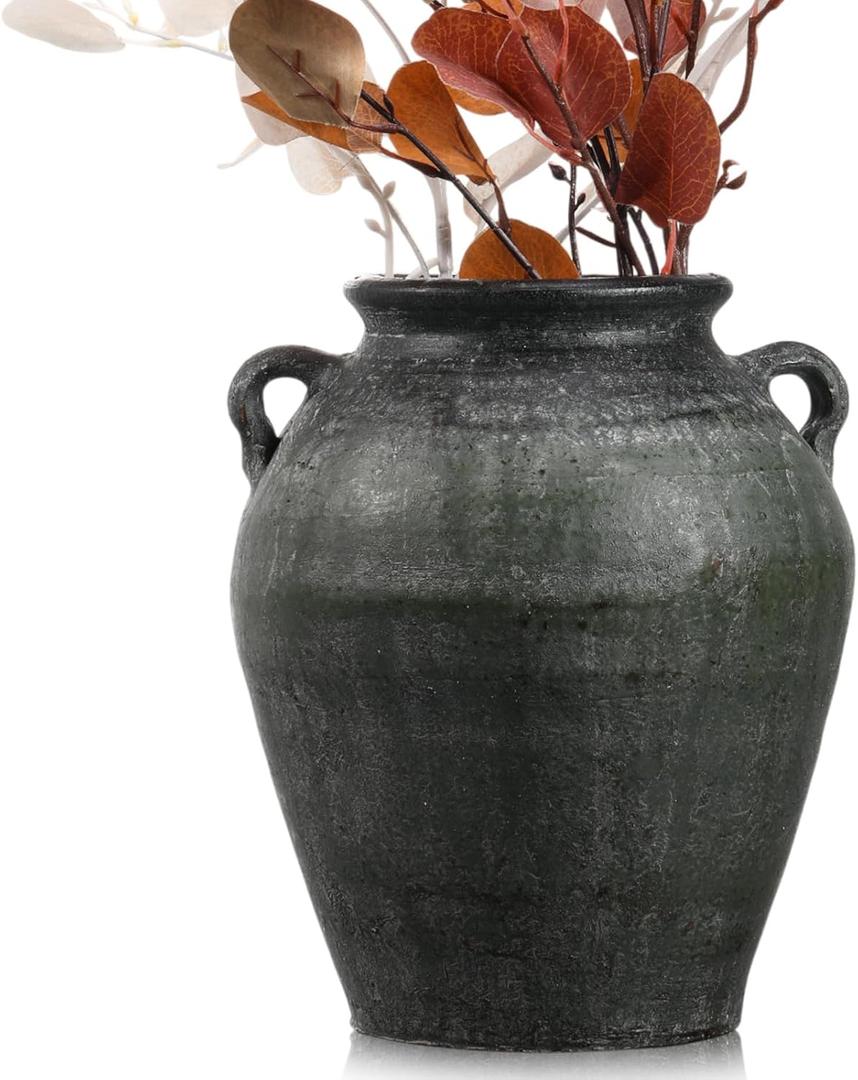 Large Ceramic Vase with 2 Handles 11 Inch Tall Terracotta Rustic Vintage Vase Decorative Pottery Flower for Home Table Countertop Shelf Living Room Decor(Black)