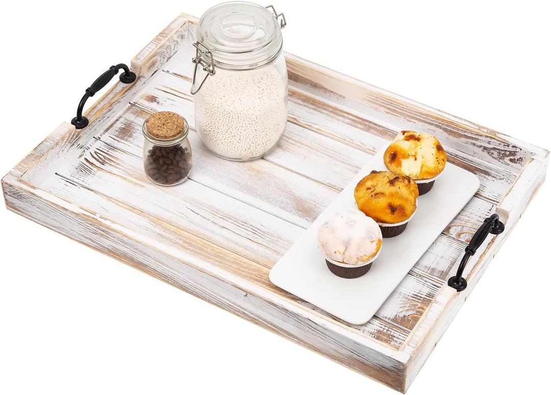 Rustic Vintage Big Wood Food Breakfast Serving Trays with Cutout Metal Handles(20 Inches) Large Nesting Board Decorative Serving Trays Platter in Bed, Ottoman, Coffee Table, BBQ, Party(Washed White