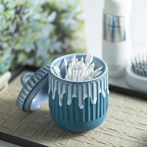 Vintage Qtip Holders - Bathroom Canisters Storage Organization, Ceramic Jar for Cotton Ball, Swab, Rounds, Floss Picks, Hair Clips, Qtip Holder for Room Decor Aesthetic, Farmhouse Bathroom, Deep Blue