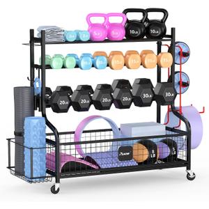 PLKOW Dumbbell Rack, Weight Rack for Dumbbells, Home Gym Storage for Dumbbells Kettlebells Yoga Mat and Balls, All in One Workout Storage with Wheels and Hooks, Powder Coated Finish Steel