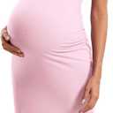 CRZ YOGA Butterluxe Maternity Square Neck Midi Dress - Split Ruched Tanks Womens Pregnancy Bodycon Casual Baby Shower (Large, Pink Peony)