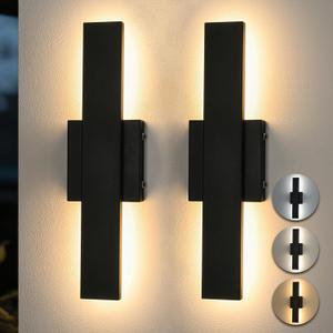 Outdoor Modern LED Wall Light, Linear Exterior Sconce, Waterproof Porch Light with Remote,3000K 4000K 5000K Dimmable Outdoor Lighting for Garage Door, Patio, Black (2-Pack)