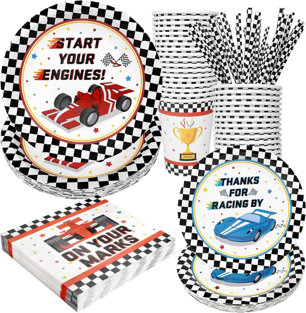 Racing Car Party Supplies Decorations, Checked Race Car Theme Birthday Paper Plates and Napkins Set with Cups and Straws for 24 Guests, 120 Pcs Disposable Party Dessert Dinnerwares