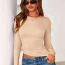 PRETTYGARDEN Womens Long Sleeve Shirts 2026 Fall Trendy Crewneck Slim Fit Asymmetrical Going Out Tops Ruched Tee Y2k Clothes (XL)