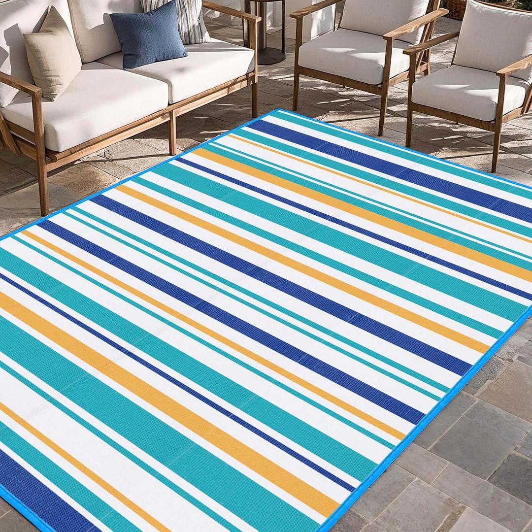 Outdoor Patio Plastic Rug Waterproof - Outdoor Rugs for Camper Outside, Rv, Porch Deck Clearance, Area Carpet for Outside, Balcony, Patio Decor, Blue & Yellow, 5x8 ft
