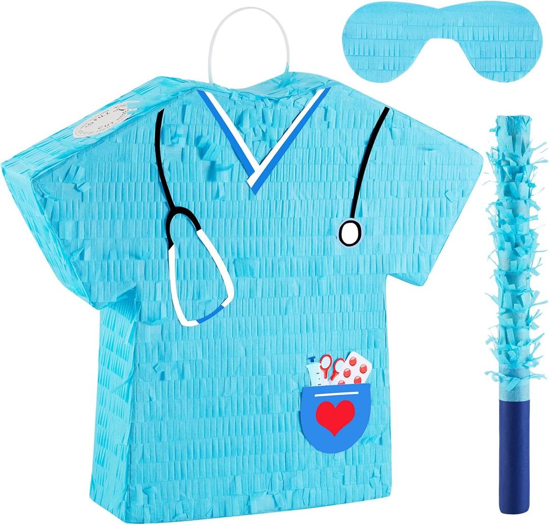 Lewtemi 14.1 Inch Nurse Piata Bundle with Blindfold, Bat and Confetti, Blue Nurse Party Piata, Nurse Party Favor, Piatas for Graduation Gift Rn Themed Birthday Party Nursing School Party Supply
