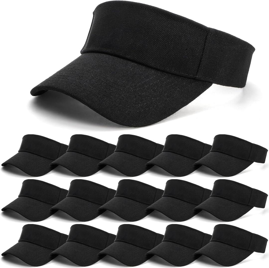 15 Pack Sport Wear Sun Visor Hats, Adjustable UV Protection Ball Caps, Athletic Empty Top Unisex Visor for Women and Men, Beach Pool Golf Tennis Baseball Sports Outdoor Travel(Black)