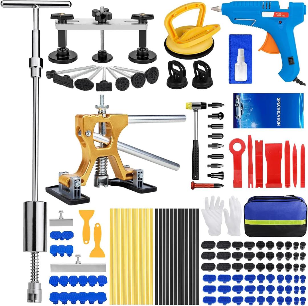Dent Puller Kit, 135Pcs Professional Car Paintless Dent Removal Kit, Bridge Puller Tools & Adjustable Dent Lifter, Slide Hammer 2 in 1 T-bar for Auto Body Truck Hail Damage DIY Repair