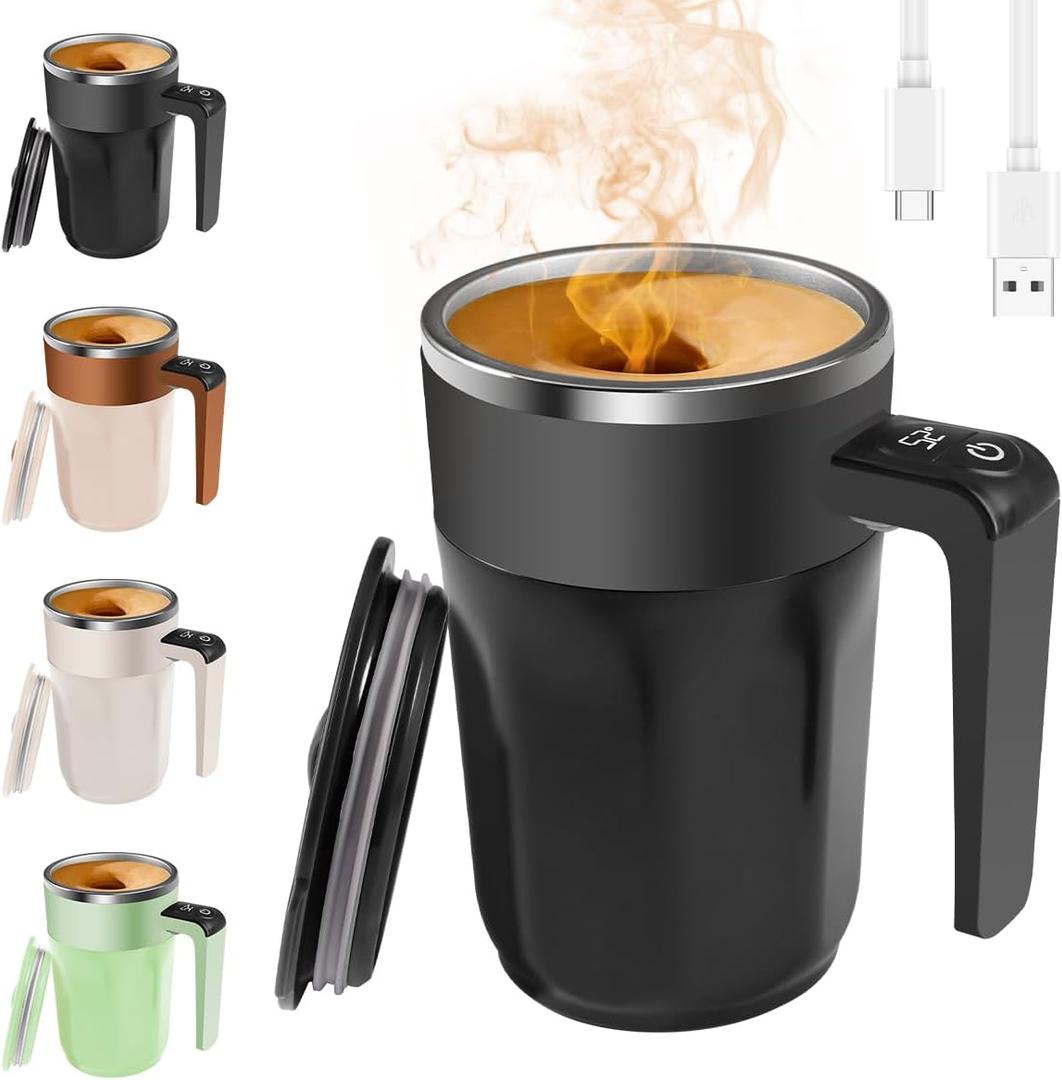 Automatic Stirring Coffee Cup with Temperature Display, Rechargeable Coffee Mug, 13.5oz Self-Stirring Mug with Lid, Stainless Steel Material Suitable for Coffee, Milk, and Other Beverages (Black)