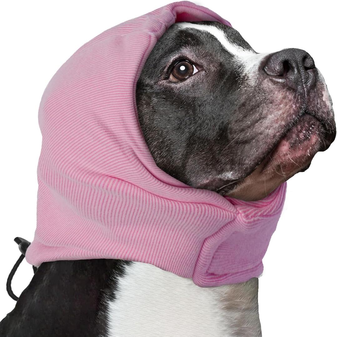 Nanaki Soft Dog Calming Hoodie Anxiety Relief Dog Ear Muffs Noise Protection Doggy Ear Wrap Hematoma Fireworks Doggy Head Cover for Bath Blow Drying Pet Head Cover Noise Cancelling Sleep Help Headband (L(Head Girth:18.5"-24.4"), Pink)
