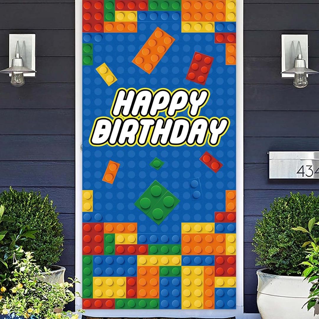 Colorful Building Blocks Happy Birthday Banner Backdrop Construction Toys Bricks and Blocks Theme Decor Decorations for Boy 1st Birthday Party Baby Shower Favors Supplies Background Photo Booth Props