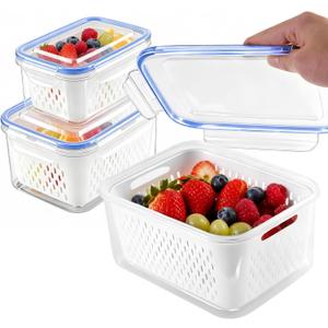 Fresh Produce Storage Containers for Fridge, 3 Pack Fruit Vegetable Keeper with Drain Basket & Airtight Lid, BPA Free Fridge Organizer Bins for Berries, Salad, Meal Prep, 28oz 60oz 111oz