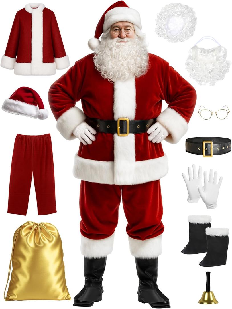 Santa Claus Costume for Men Santa Suit Adults 11pcs Mens Deluxe Professional Christmas Clause Outfit Xmas Cosplay, M
