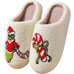 Christmas Slippers Fuzzy Plush House Footwear Soft Memory Foam Indoor Outdoor Warm Cozy Non Slip Fleece Lined Slip On Bedroom Comfy Cartoon Embroidered Holiday Gift Cute Winter Home Shoes (M)