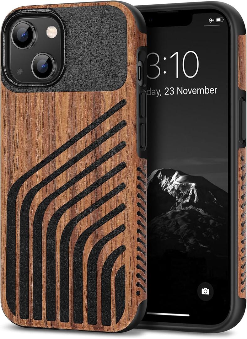 TENDLIN Compatible with iPhone 13 Case Wood Grain with Carbon Fiber Texture Design Leather Hybrid Slim Case (Hairline)