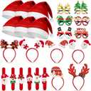 24 Pcs Christmas Glasses Headbands Hats Kids Wristbands, Cute Hair Hoop Eyeglasses Christmas Decorations, Santa Hats Photo Props for Xmas Holiday Party Favors