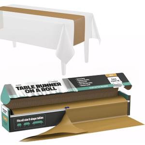 Gold Table Runner 14" X 110' Premium Plastic Longtable Runners with Cutter Box - Cut to Size - Decorative Rectangle Table Runners - Smooth Table Cloth - Disposable Table Cloths. Parties, Weddings