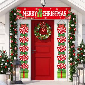 Buryeah 3 Pcs Christmas Decoration Outdoor Porch Sign for Front Yard Hanging Banner Merry Christmas Candy Shaped for Xmas Supplies Indoor Outdoor Xmas Decor, 12 x 71 Inch