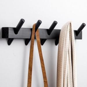 Solid Wooden Coat Rack Wall Mount,Removable Wood Wall Hooks for Hanging,Installation in Entrances Bathrooms and Utility Rooms for Storage(Black, 5 Hooks)