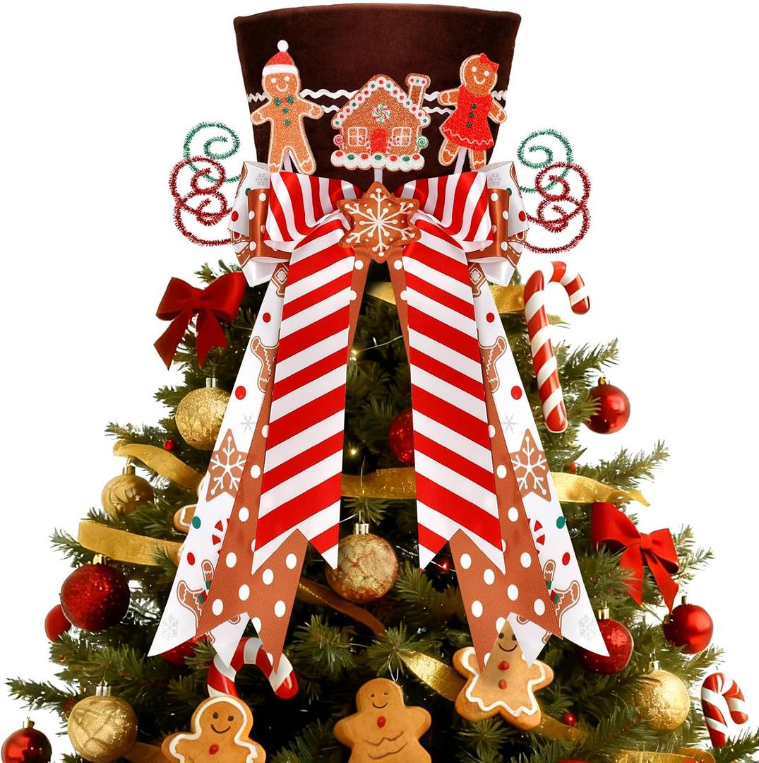CiyvoLyeen Gingerbread Christmas Tree Topper, Brown Top Hat with Fabric Snowflakes Boy & Girl Cookies Gingerbread House Ornament Bows, Winter Holiday Xmas Home Decor, 3D Festive Wreath Attachment Gift