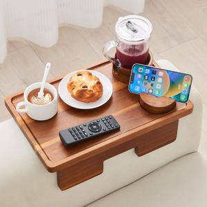 GEHE Real Acacia Wood Couch Armrest Table, 15.4"x9.8" Couch Arm Tray Table, 3 in 1 Removable Sofa Cup Holder wtih 360 Rotated Phone Holder, Clip on Armrest Tray for Drinks, Snacks, Phone, Control